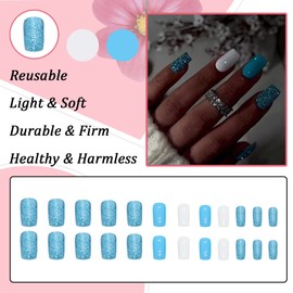 Ceboic Pack of 24 Glue-On Nails, Short, Square, French Blue White Glitter Artificial Nails, Glossy Artificial Nails, Press on Nails, Acrylic Stick on Nails for Women and Girls