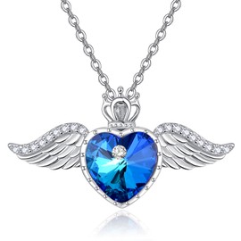 TANGPOET Angel Wings Necklace 925 Sterling Silver Love Heart Crystal Chain Queen Crown Pendant Birthstone Jewellery Gift for Women Girls with Gift Box, Sterling Silver