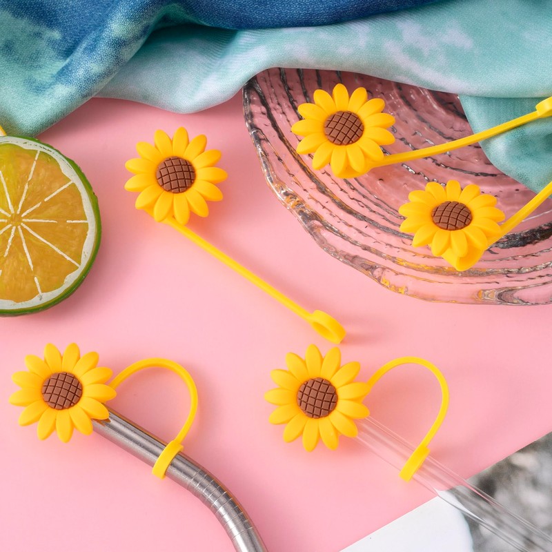 Joez Wonderful 2pcs Sunflower Straw Toppers 10mm, Reusable Silicone Straw