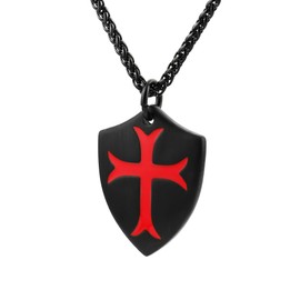 HZMAN Knights Templar Cross Joshua 1:9 Shield Stainless Steel Pendant Necklace with FREE 24 Inch Chain (Black Red)