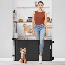 Short Dog Gate 0"-39" Wide Narrow Baby Gate 24” Tall Retractable Short Pet Gate to Step Over Short Baby Gate for Doorway, Low Pet Gate Indoor Doggie Gates Mesh Puppy Gate for Stairs, Black