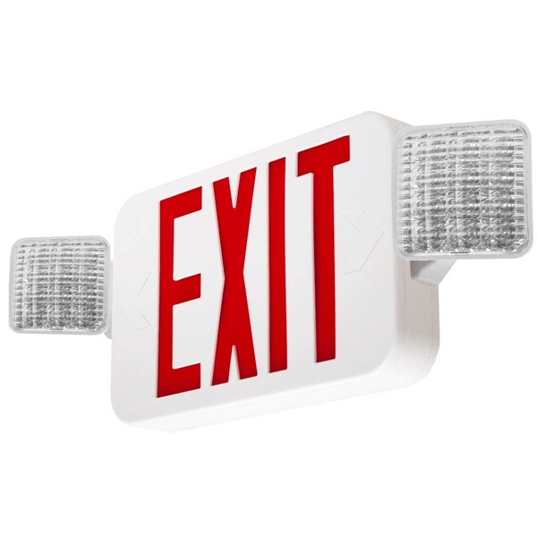 LFI Lights | Combo Red Exit Sign with Emergency Lights | White Housing | All LED | Two Adjustable Square Heads | Hardwired with Battery Backup | UL Listed | COMBO2-R-W-BB