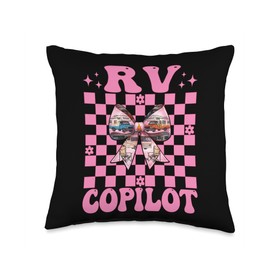 RV Copilot RV Camping Camper Motorhome Girl Mom Coquette Bow Throw Pillow