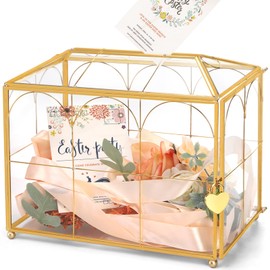 Okllen Glass Card Box with Slot, Large Gold Clear Card Box for Wedding Receptions, Decorative Storage Box with Lock for Baby Shower, Birthday Party, Bridal Shower