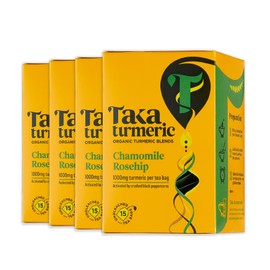 Taka Turmeric, 4 pack (60 Teabags) Organic Chamomile & Rosehip Tea Bags with Turmeric & Black Peppercorns, Turmeric Tea, Caffeine Free Camomile Tea, No Added Flavourings, Recyclable Packaging