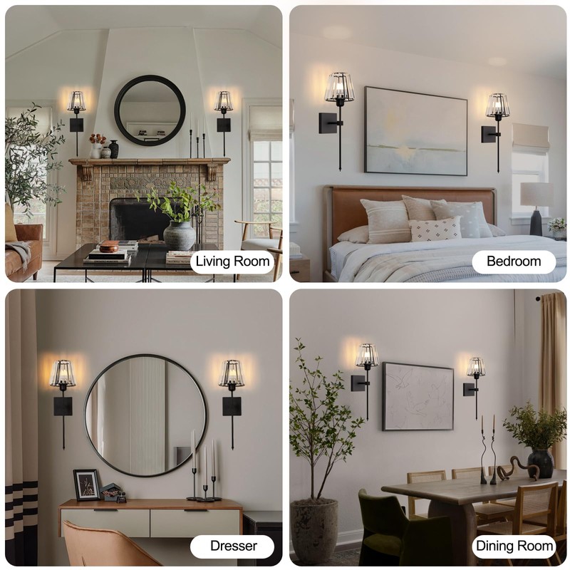 Battery Operated Crystal Wall Sconces Set of 2,Black Rechargeable Wireless