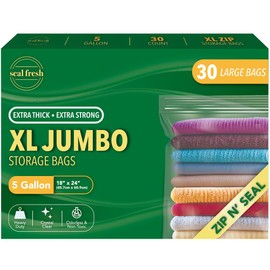 Seal Fresh 5 Gallon Large Plastic Storage Bags – 18" x 24" (30 Count) – Reusuable XXL Extra Large Heavy Duty Clear Jumbo Freezer Zip Lock Bags with Sealable Zipper Top For Clothes, Travel, Moving