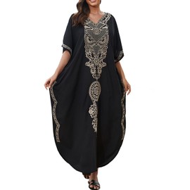 FSMO Women's Elegant Beach Poncho Ethnic Print Loose Kaftan Smock Summer Maxi Dress, Black flower