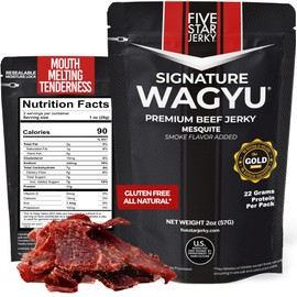 Five Star Wagyu Mesquite Beef Jerky, Soft & Mouth Melting Tender Jerky, Award-Winning Premium Beef Jerky, No Artificial Ingredients, Premium Gift Snack, Nitrate/Nitrite-Free, Gluten-Free, Wagyu Beef Snacks (2 Pack of 2oz-Total 4oz) Gourmet Beef Jerky