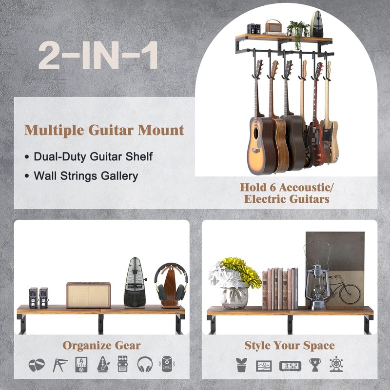 Keebofly Multiple Guitar Wall Mount Hangers with 6-Detachable Hooks &