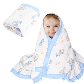 ICKEYOU Muslin Baby Towels Bath Towels 43 x 43 Inch Soft 100% Cotton Cute Animal Print Washcloths Extra Large Baby Bath Towels for Newborns Infants Toddlers Kids (Blue)