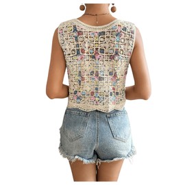 GORGLITTER Knitted Vest Women's Lightweight Short Vintage Vest Sleeveless Jacket Embroidery Vest Crochet Cardigan Autumn Vest with Buttons, beige