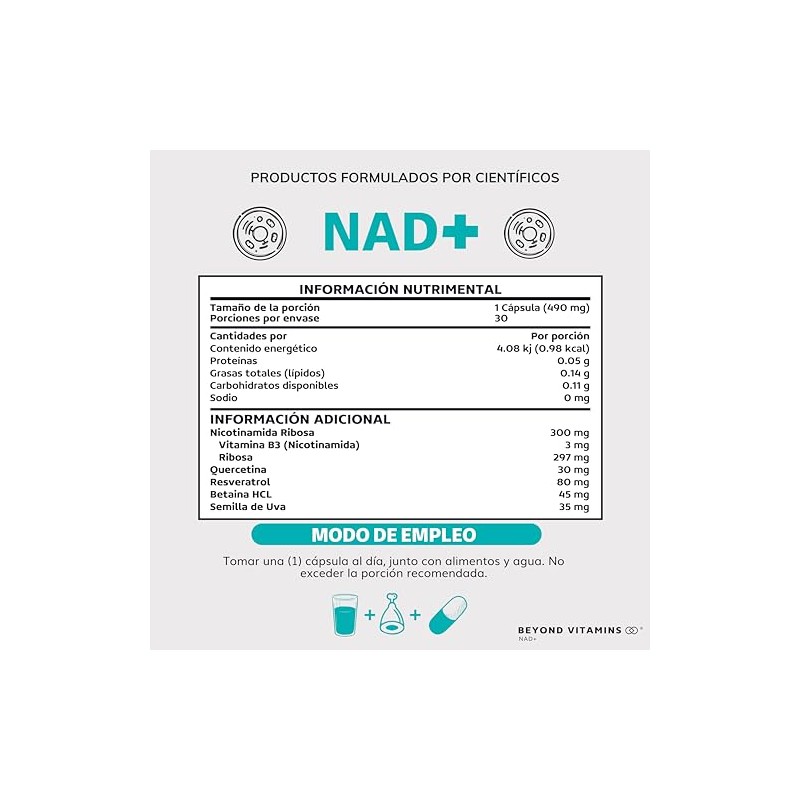 Nad Nicotinamida Ribosa Potenciado Resveratrol Quercetina Betaina Hcl Semilla Uva