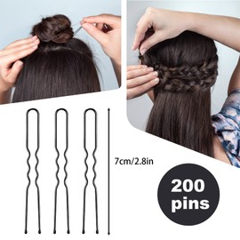Pack of 200 U-shaped hair pins, 7 cm long with 2 storage boxes, bobby pins, metal hair pins for duttons, no slipping for women, girls, hair styling (black)