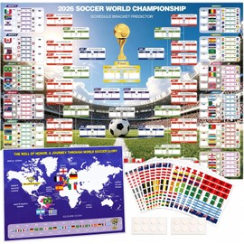 Extra Large 43" x 32" 2026 International Soccer Tournament Schedule Poster Set - 2 Pcs Wall Chart Bracket Map with 600 Country Flag Stickers & Champion Predictor