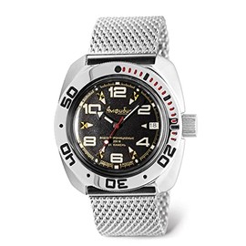 Vostok | Amphibian Automatic Self-Winding Russian Diver Wrist Watch | WR 200m | Amphibia 710335 | Black Dial 40mm Mechanical Watch | Luminous dots | Milanese Bracelet