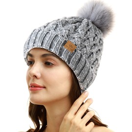 PAGE ONE Womens Winter Ribbed Beanie Crossed Cap Chunky Cable Knit Pompom Soft Warm Hat