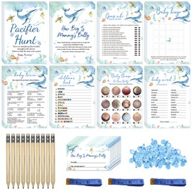 30Pcs Ocean Baby Shower 8 Games, Baby Bingo, Guess Who Mommy or Daddy, Baby Word Scramble,Baby Trivia,Children's book Emoji Pictionary,How Big Is Mommy's Belly, Baby Bump, Pacifier Hunt -152