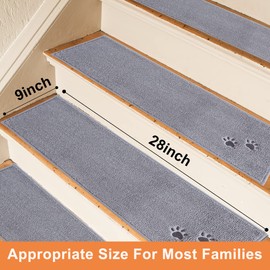 BEQHAUSE Stair Treads for Wooden Steps 28inX9in, Non Slip Carpet Stair Treads Indoor Stair Runners Machine Washable, Soft Stair Rugs Mat Surface Polyester TPE Backing, 15pcs, Grey
