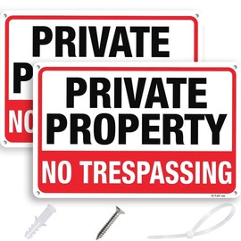 AlfaView Private Property No Trespassing Sign, 10"x 7" .040 Rust Free Aluminum Sign, Reflective Anti UV Protected Metal Sign, Easy to Install-Indoor & Outdoor Use with Screws and Zip Ties (2)