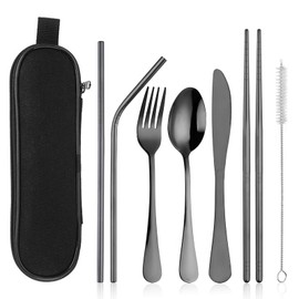 Portable Eating Utensils Set, 8 PCS Utensils Set with Black Case, Compact Travel Dining Set, Travel Cutlery Set, Stainless Steel Utensils Set, Travel Camping Cutlery Set, Reusable Cutlery Set(Black)