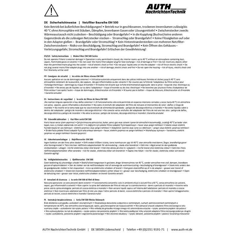 AUTH Mains Filter Universal Broadband Adapter Plug 6A 10KHz -