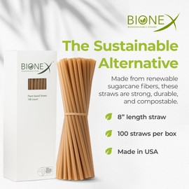 Bionex 8-inch Sugarcane Straws, 200 Count Unwrapped Drinking Straws, Plastic and Paper Straw Alternative, US-Manufactured (Pack of 2, 100 Count per Pack)