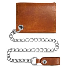 Large Chain Leather Trifold Wallet - Vintage Rugged Full Grain Leather Wallet w/ 18” Stainless Steel Chain - Snap Men's Trifold Wallets w/ Multiple Card Slots, ID Slot, & Zipper Pocket (Black)