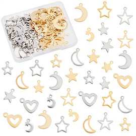 PandaHall Pack of 108 Moon Star Heart Pendants, 18 Styles Ramadan Star Crescent Moon Charms, Stainless Steel Romantic Charms for Eid Mubarak, Necklace, Bracelet, Earrings, Creation, Mother's Day,