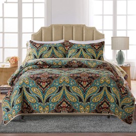 HoneiLife Quilt Set Twin Size - 3 Piece Cotton Bedspreads Paisley Coverlet Lightweight Bedcover Warm Bedding Set All Season Quilts,Coffee