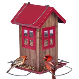 Kingsyard Cute Bird House Feeders for Outside, Hanging Metal Bird Feeder with 4 Ports, Outdoor Garden Yard Decorations for Cardinals Finches Chickadees Goldfinches & Sparrows Bird Watching