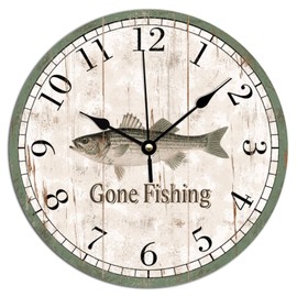 Go Fishing Wooden Wall Clock Striped Bass Beach Decor Ocean Coastal Wood Wall Clocks Non Ticking Silent 10Inch Wall Clocks Farmhouse Beach Home Decoration for Laundry Room Bedroom Birthday Gift