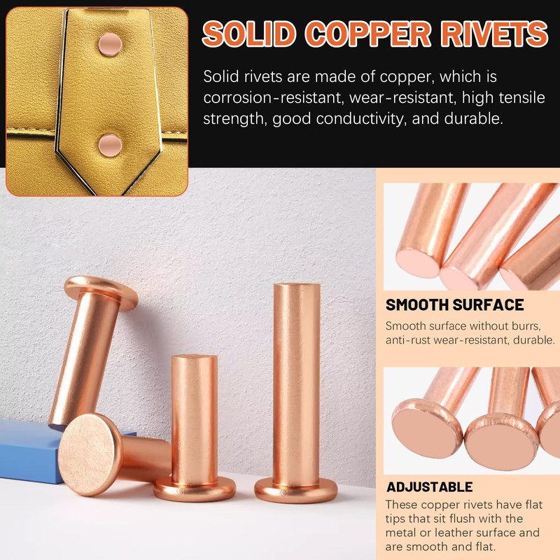 Tanstic 270Pcs Flat Head Copper Solid Rivets, M2x4/6/8, M2.5x5/8/10, M3x4/6/10