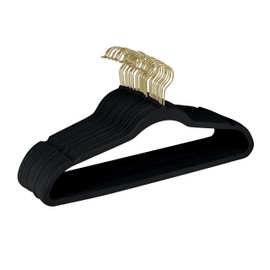 Simplify Slim Velvet Gold Hook Clothes Hangers 75 Pack | Non-Slip | Shirts | Suit | Pants | Dresses | Garments | Closet Storage & Organization | Durable | Black