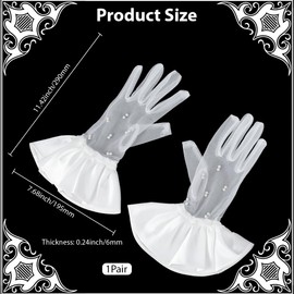 CABODYALS 1 Pair White Short Lace Wedding Gloves Satin Floral Ruffle Trim With Resin Imitation Pearl Elegant Vintage Sheer Embroidered Fabric Glove for Women Evening Bride Tea Party Cosplay Accessory