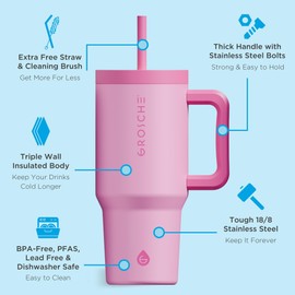 GROSCHE Aspen 32oz Tumbler with Handle and Straw - Extreme Insulation, Classy Aesthetic Design, Insulated Stainless Steel Tumbler with Handle, Lid and Straw, Canadian Brand! - 32 fl. oz, Hot Pink