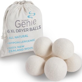 HOME GENIE 100% New Zealand Wool Reusable Dryer Balls 6 Pack, Anti Static Fast Drying Laundry, Reduce Wrinkles, Lint, Pet Hair, Natural Fabric Softener Essentials, Replace Dryer Sheets, Over 400 Loads