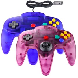 JINHOABF 2 Pack Classic N64 Controller,Wired N64 64-bit Gamepad Joystick for N64 Console (Clear Blue and Clear Purple)