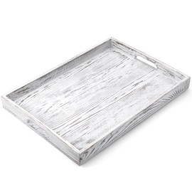 17 Inch White Serving Tray with Handles, Large Wooden Tray for Ottoman, Breakfast in Bed, Coffee Table, Dinner, Rectangular Wood Tray for Living Room Bedroom Entryway and Kitchen