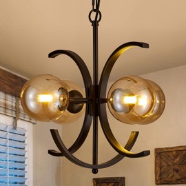 MERCASA 4 Light Modern Sputnik Chandelier with Globe Amber Glass Shades,16.5" Black Mid Century Industrial Chandelier,Hanging Light Fixture for Dining Room, Living Room, Kitchen,Entryway