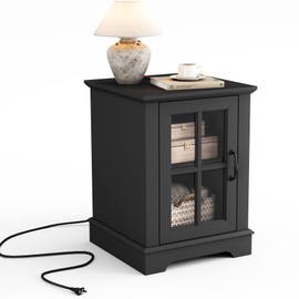 LINSY HOME End Table with Charging Station, Modern Side Table with Storage Cabinet and Adjustable Shelf, Small Sofa Table for Living Room, Home Office, Black