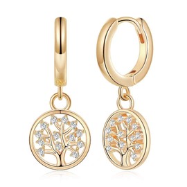 Memorjew Tree of Life Huggie Hoop Earrings for Women, 925 Sterling Silver Post Dainty Cubic Zirconia Tree of Life Charm Dangling Earrings Hypoallergenic Gold Huggie Earrings for Women