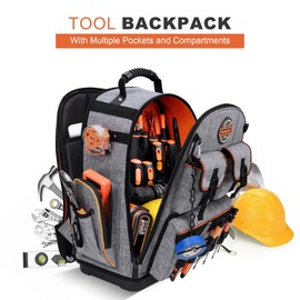 Tool Bag Backpack - Heavy Duty Tool Backpack Water-resistant HVAC Tool Backpack Bag Organizer, Electrician Tool Bag with Molded Base and 1680D Ballistic Weave Polyester, Gray