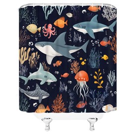 YSSFAV Sea Animal Shower Curtain Funny Cartoon Underwater Whale Dolphin Octopus Shark Fish Marine Life Bathroom Decor Curtains Set with Hooks, 70" W x 70" H