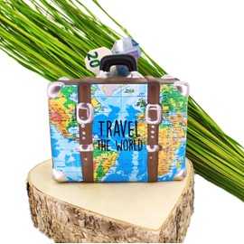 MC-Trend Travel The World Suitcase Money Box 14 x 13 x 6 cm Ceramic for Holiday Travel World Travel Dream Travel Short Holiday Wishes Piggy Bank Money Box Money Gift Idea World Map (Suitcase Map