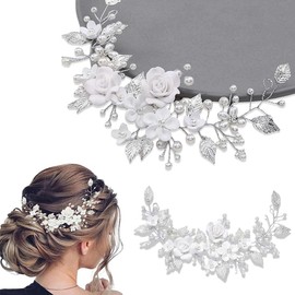 Huotflame Braut Haarschmuck Silber - Handgemachter Hochzeits Haarschmuck mit Blume und Blatt, Flexible Haarranke mit Perlendraht - Elegant für Brautfrisur, Hochzeit, Kommunion, Mädchen und Frauen