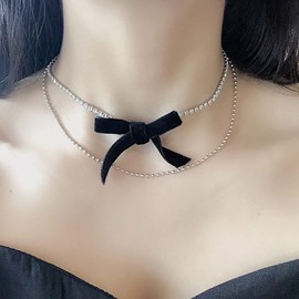 TseenYi Boho Layered Rhinestone Necklace Black Bow Necklace Silver Tennis Chain Cubic Necklace Layered Crystal Rhinestone Necklace Jewellery for Women and Girls