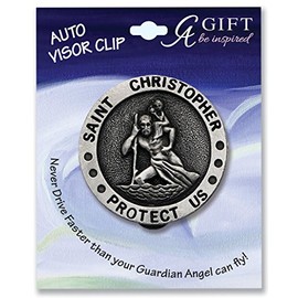 Pewter SAINT CHRISTOPHER Protect Us VISOR CLIP For Car - Truck - RV - Automobile - GREAT GIFT