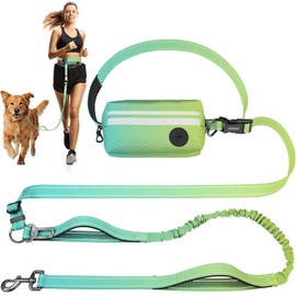 Hands Free Dog Leash with Removable Zipper Pouch, Dual Padded Handles and Durable Bungee for Walking, Jogging and Running-Cyan