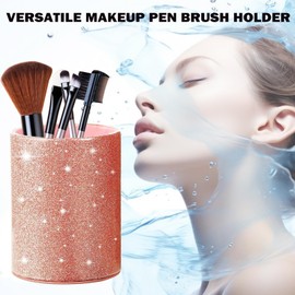 HMBTEN Make Up Organiser, Pen Holder Desk, PU Leather Make Up Brush Storage for Room Decor Dressing Table, Bedroom, Bathroom, Office (Rose Gold)